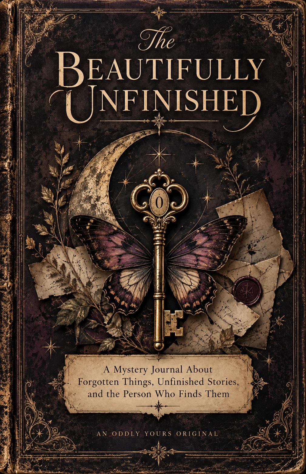 Cover of The Beautifully Unfinished, with an antique brass key, violet butterfly wings, crescent moon and gilded Victorian ornaments