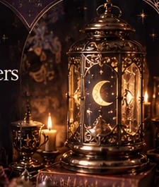 A glowing antique brass lantern with a crescent moon