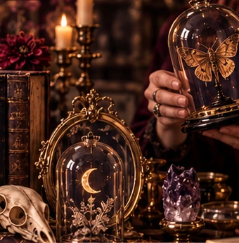 An ornate collection of glass moth specimens, candles and antique books