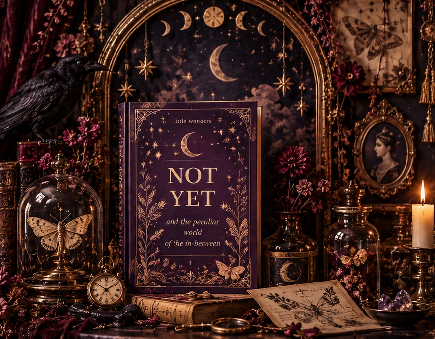 Concept cover for the Little Wonders book Not Yet, surrounded by Victorian books, moths, flowers, moon and candlelight