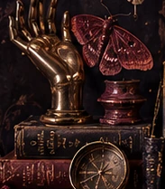 A metallic Victorian hand sculpture with a moth and pocket watch